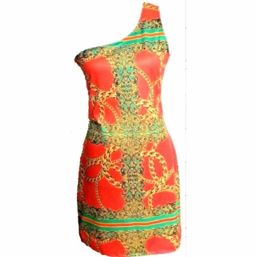 B Sharp Juniors Woman's Size Large L Dress Orange Chain Detailing One Shoulder